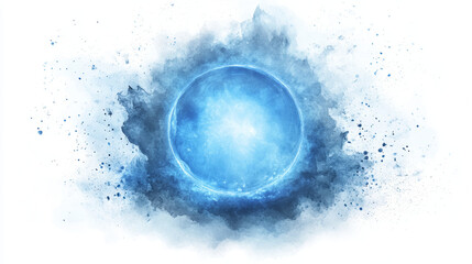 captivating watercolor illustration of glowing blue orb surrounded by splashes of color, evoking sense of wonder and