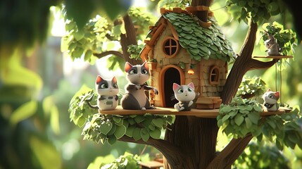Fototapeta na wymiar Adorable Kittens in a Whimsical Treetop House: A Charming 3D Render