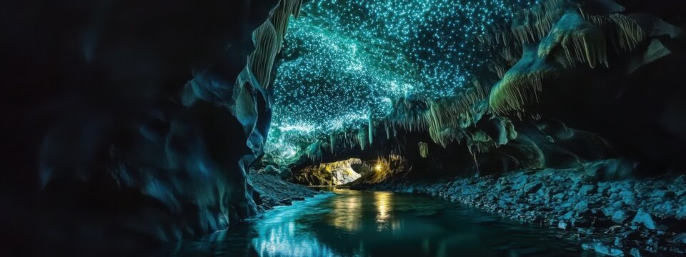 A surreal view of the glowworm caves in Waitomo, New Zealand, Cave scene