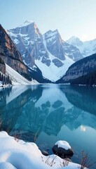 A tranquil lake reflects the snow-capped hills above, serene, icy waters, snow