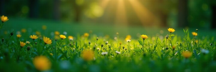 Fototapeta premium Glowing light source illuminating a green meadow, luminescent objects, floral details, foliage