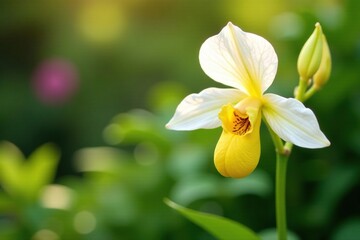 Fototapeta premium White and yellow Paphiopedilum orchids in a garden, , white