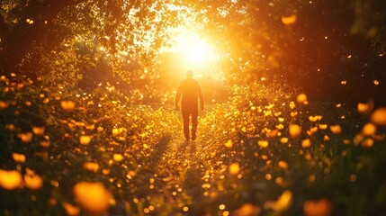 Man walking towards bright sunset in a field of flowers.