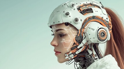 Fototapeta premium A futuristic female figure with a robotic helmet showcases advanced technology and human-machine integration.