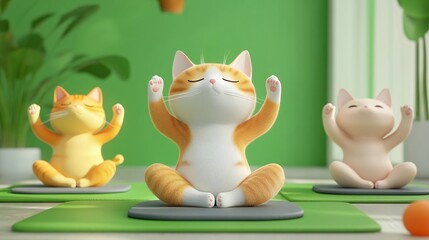Serene Cats in Yoga Poses: A Peaceful 3D Render