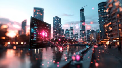 A vibrant city skyline at dusk, featuring illuminated buildings, a reflective river, and digital displays, creating a futuristic ambiance.