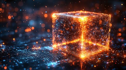 Glowing cube of digital data and energy.