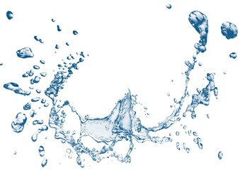 白背景に流れる抽象的な青い波と水しぶき