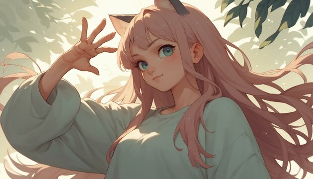 Anime-inspired long hair girl wearing cat ears making a playful &lsquo;nya~&rsquo; gesture. in tokyo 1980s