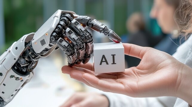 A robotic hand is passing a cube labeled "AI" to a human hand, symbolizing collaboration between humans and artificial intelligence.