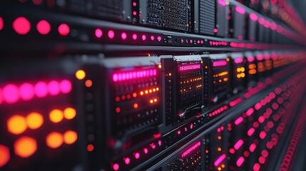 Rows of illuminated server racks in a data center.