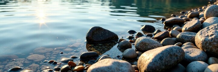Fototapeta premium Weathered stones scattered along the lake shore, nature, water, stillness