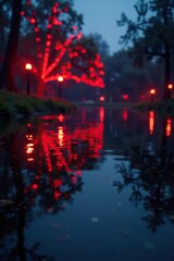 Red glowing Christmas lights reflected on a still pond's surface at dusk, water, still, pond