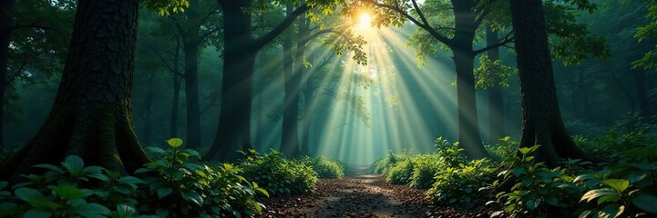 Fototapeta premium Dense foliage blocks sunlight, casting eerie shadows, dark woods, mystic surroundings, woodland secrets