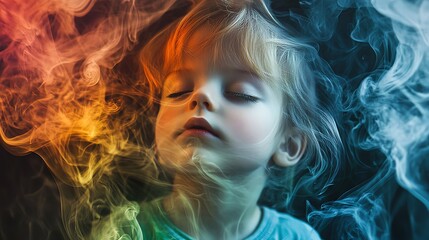 On a dark, velvety background, a captivating smoke design with elaborate, vibrant patterns that appear to dance