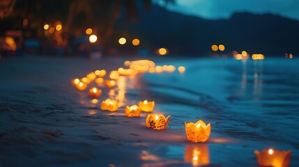Happy Lunar New Year wishes written in sand, illuminated by soft lantern light on a tranquil beach
