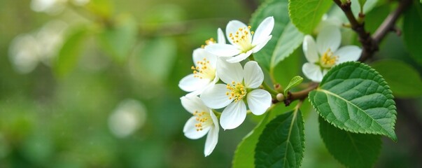 Fototapeta premium White flower clusters on Philadelphus inodorus shrub, yellow stamens, spring bloom, garden feature