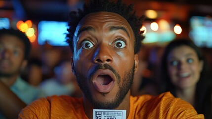 Shocked man reacting to lottery ticket results in crowded bar.