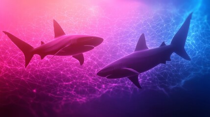 Fototapeta premium Two sharks swim in a vibrant, colorful underwater scene, illuminated by a blend of pink and blue hues, creating a mesmerizing aquatic atmosphere.