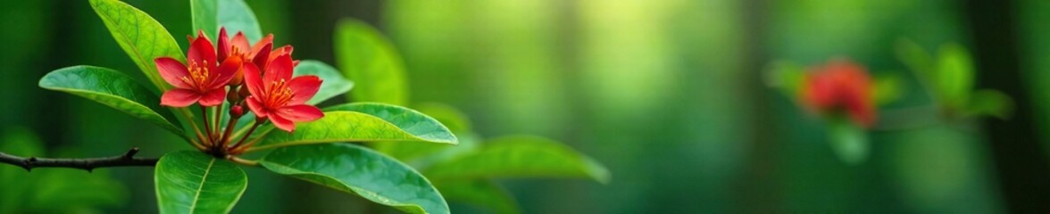 Fototapeta premium Green leaves with red Asoka flowers blooming in the forest, forest, green leaves, blossom