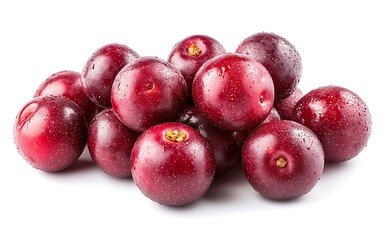 Obraz premium Fresh red plums pile, juicy, isolated, white background, healthy food.