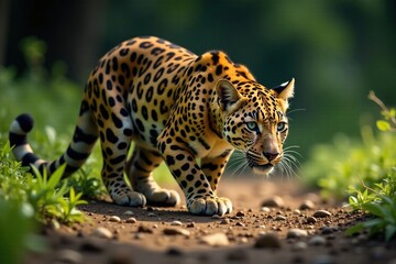 Fototapeta premium Leopard crouches low to the ground as it stalks its prey, crouch, predator
