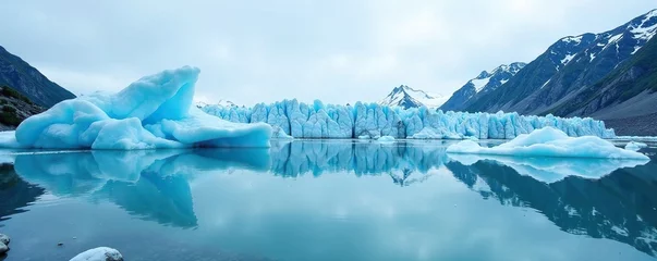 Fleecedeken met foto Frozen lake with blue ice glaciers reflected in the calm lake waters, glacier reflections, icy landscapes, reflective surfaces © Patchanee