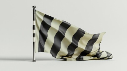 A black and white striped flag billowing from a pole, showcasing dynamic fabric movement.
