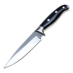 Sharp kitchen knife isolated on a transparent background with a stainless steel blade and black handle