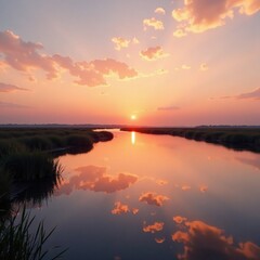 Obraz premium The reflective calmness of high tide brings a sense of tranquility to the marsh at dusk, stillness, tranquil, water