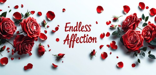 "Endless Affection" in flowing 3D text, surrounded by red roses and fluttering petals, placed on a white backdrop with realistic lighting,