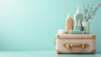 Creative arrangement of personal hygiene travel kits on vintage suitcase, featuring various bottles and decorative plant. Perfect for travel enthusiasts