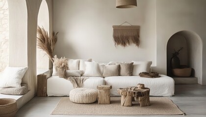 Serene Bohemian Living Room Interior Neutral Tones Linen Sofa Pampas Grass Decor