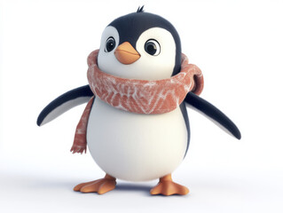 Fototapeta premium cute cartoon penguin wearing scarf stands cheerfully on ice, showcasing its playful nature and adorable features. This charming character is perfect for winter themed designs