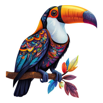 Cartoon illustration of a bird of paradise perched on a branch surrounded by nature, with a design featuring vibrant colors and detailed wings, symbolizing life and beauty isolated on transparent back