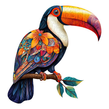Cartoon illustration of a bird of paradise perched on a branch surrounded by nature, with a design featuring vibrant colors and detailed wings, symbolizing life and beauty isolated on transparent back
