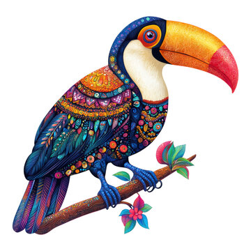 Cartoon illustration of a bird of paradise perched on a branch surrounded by nature, with a design featuring vibrant colors and detailed wings, symbolizing life and beauty isolated on transparent back