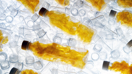 Abstract background of yellow plastic water bottles among white plastic water bottles. Yellow water bottle in the concept of reusing used water bottles by cleaning them.