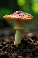 Earthy brown cap with a concave shape and white gills, forest floor, wild, fungi