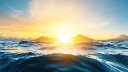 Obraz premium Serene Ocean Waves Under Vibrant Sunrise Over Mountain Landscape