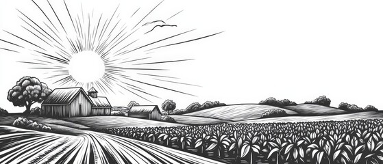 Serene Sunrise Over Rural Farmland: A Black and White Engraving