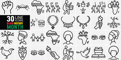 Naklejka premium Black History Month Line Icons Set,Symbols of Culture, Heritage, and Empowerment,Black History Month icons, African heritage symbols