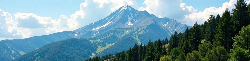 Obraz premium Rugged mountain peak with cloud-filled sky and tree canopy, scenery, forest
