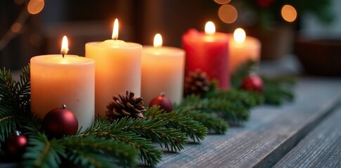 Row of Christmas candles and evergreen branches, rustic decor, winter wonderland