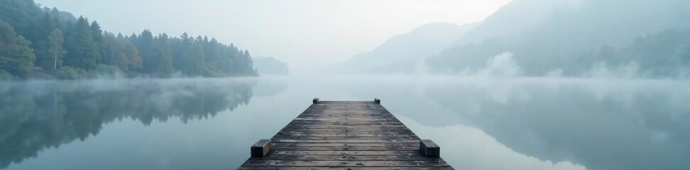Fototapeta premium Wooden pier stretches into the foggy lake surface, natural, peaceful, stillness