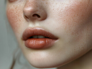 Fototapeta premium A close-up of a woman's face showcasing her flawless complexion, subtle natural makeup, and a serene expression. The soft and minimal background emphasizes her timeless beauty.