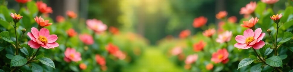 soft focus of a vintage garden with blooming flowers, leaves, garden
