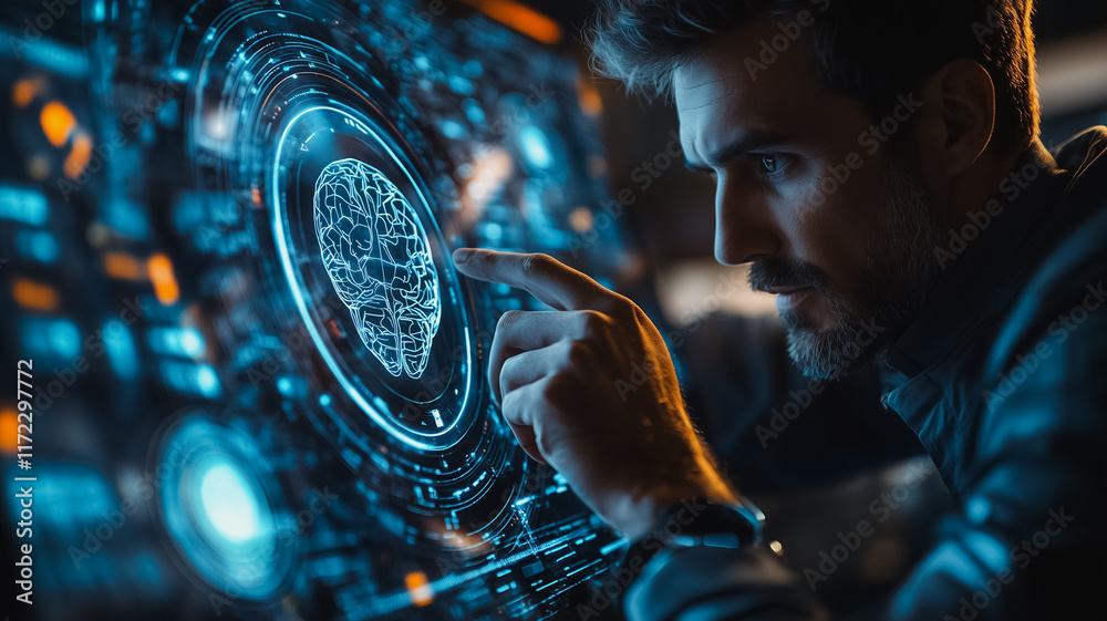 Poster decoding the mind: a futuristic interface, a concentrated programmer interacts with a digital brain,