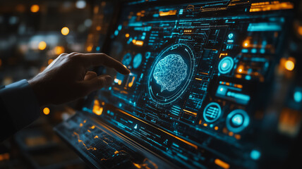 Digital Brainpower: A hand reaches out to touch a glowing brain icon on a futuristic digital interface, showcasing the power of artificial intelligence and data analysis.  