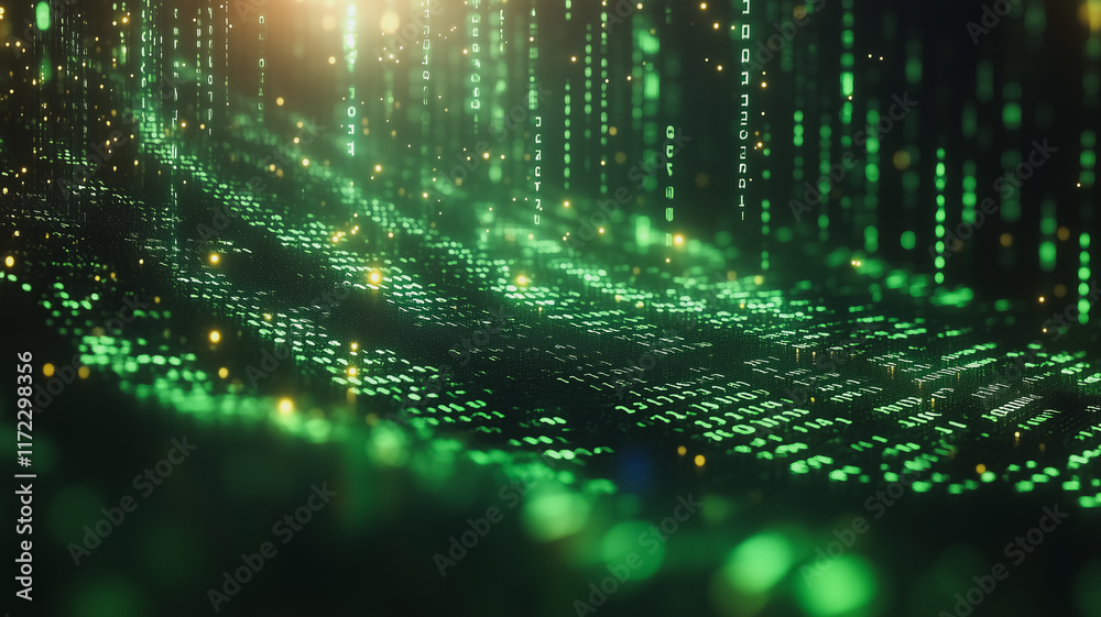 Poster digital matrix flow: abstract green digital data stream cascading down, creating a mesmerizing techn